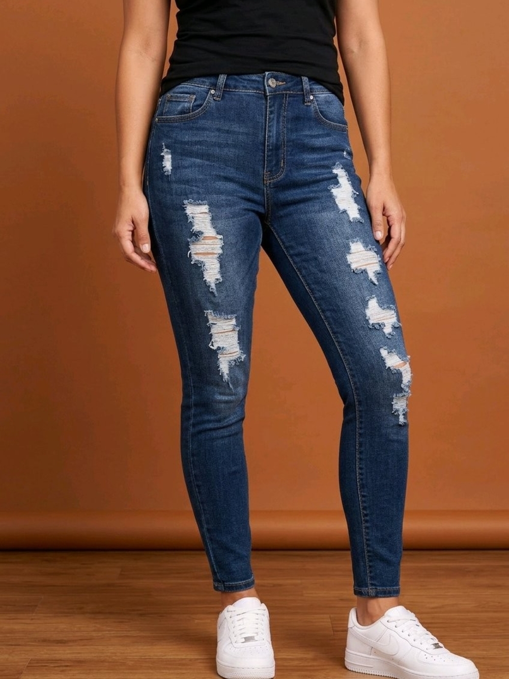 Fashion Nova Dark Blue High-Rise Ripped Skinny Jeans